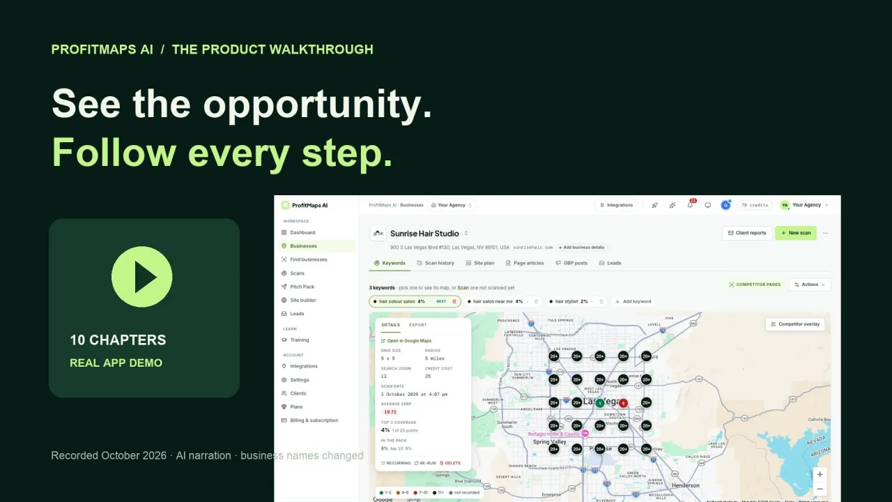 ProfitMaps AI product walkthrough showing a 5 by 5 Google Maps grid scan across a service area